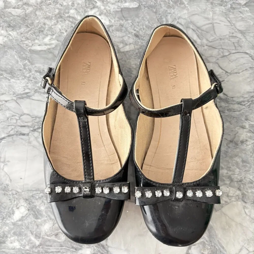 ZARA Girls Rhinestone Mary Jane Flats Dress Shoes Black Size 31